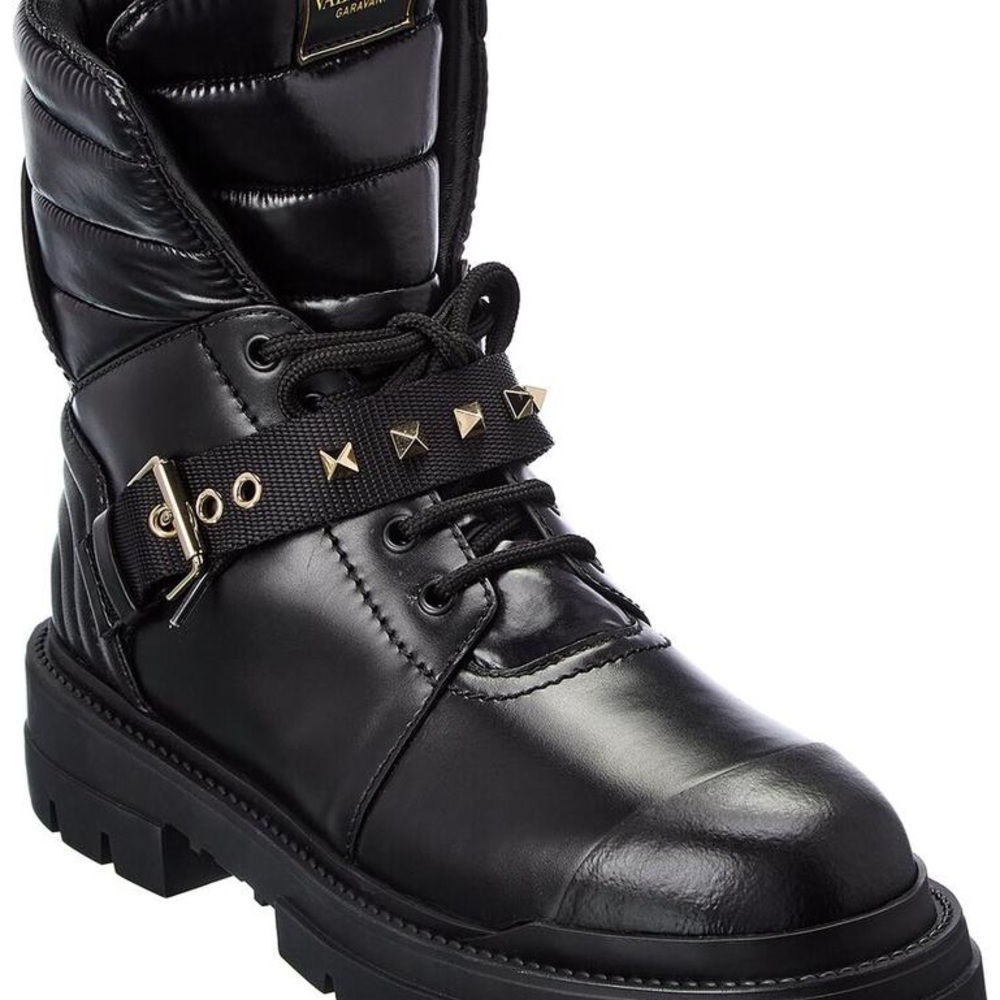 VALENTINO GARAVANI CALFSKIN NYLON ROCKSTUD QUILTED WATERPROOF COMBAT BOOTS